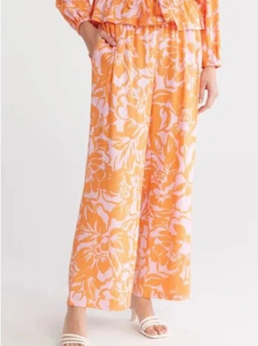 Women's Floral Wide-Leg Pants in Orange and Pink - Picture 1 of 5